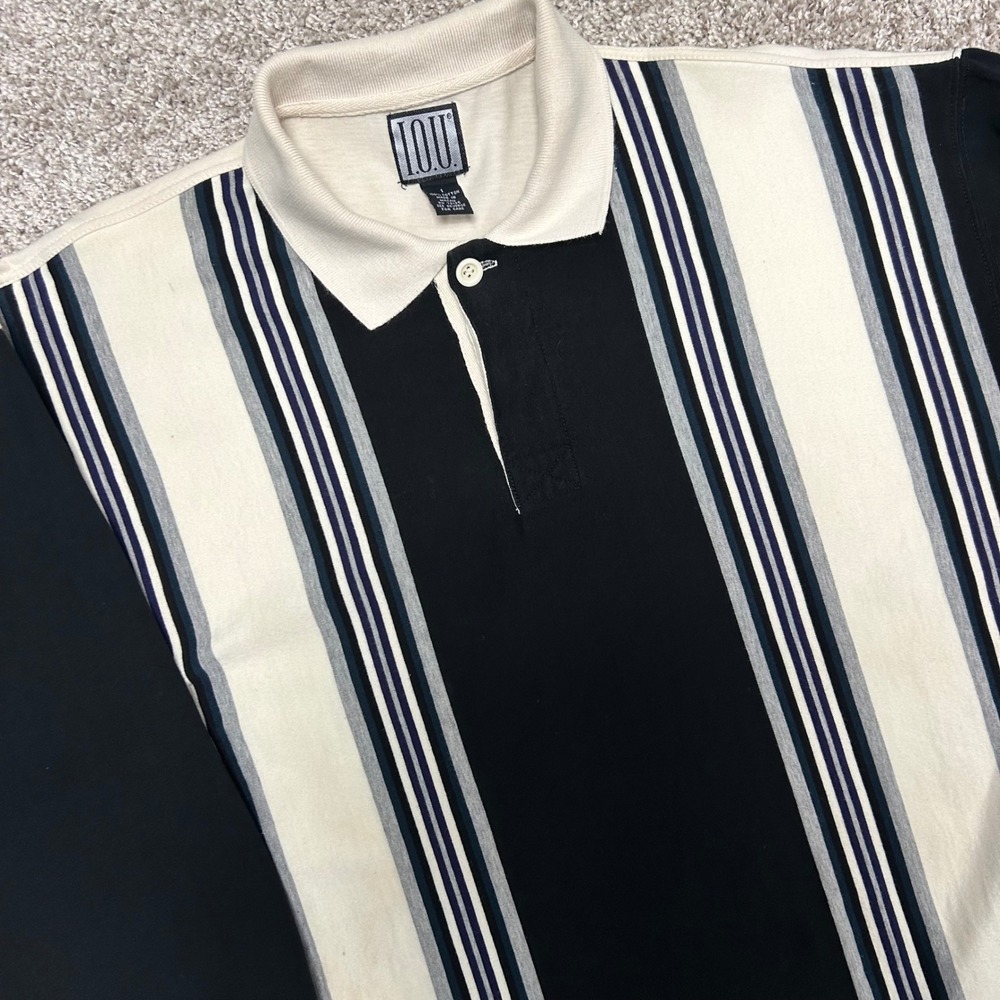 Vintage IOU Long‎ Sleeve Polo Shirt Men Size 1 (Large) 90s Vertical Striped